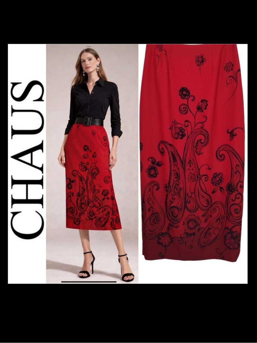 Chaus Vintage red midi skirt featuring a black paisley and floral print.Size 10